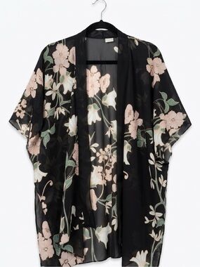 Time and Tru Black Satin Sheer Kimono Blush Floral Accents